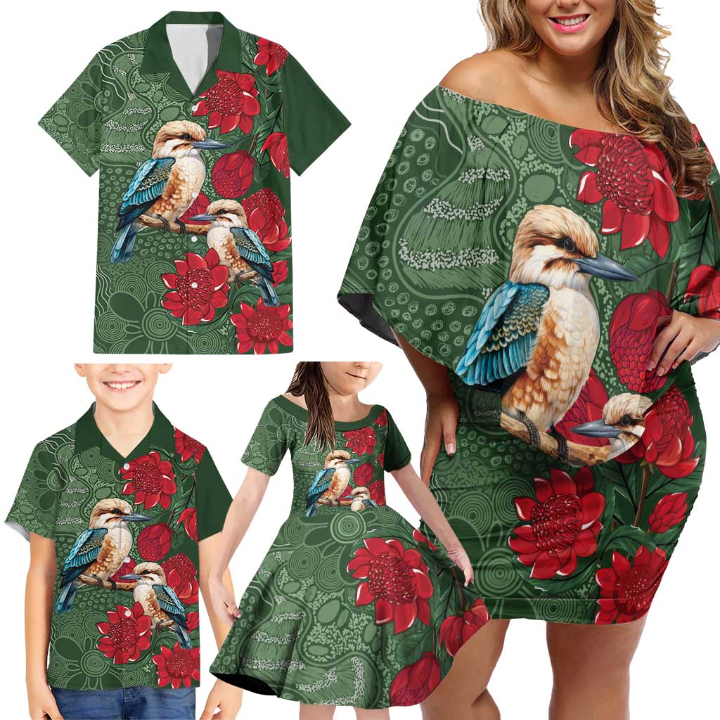 Kokaburra and Waratah Family Matching Off Shoulder Short Dress and Hawaiian Shirt Aboriginal Art