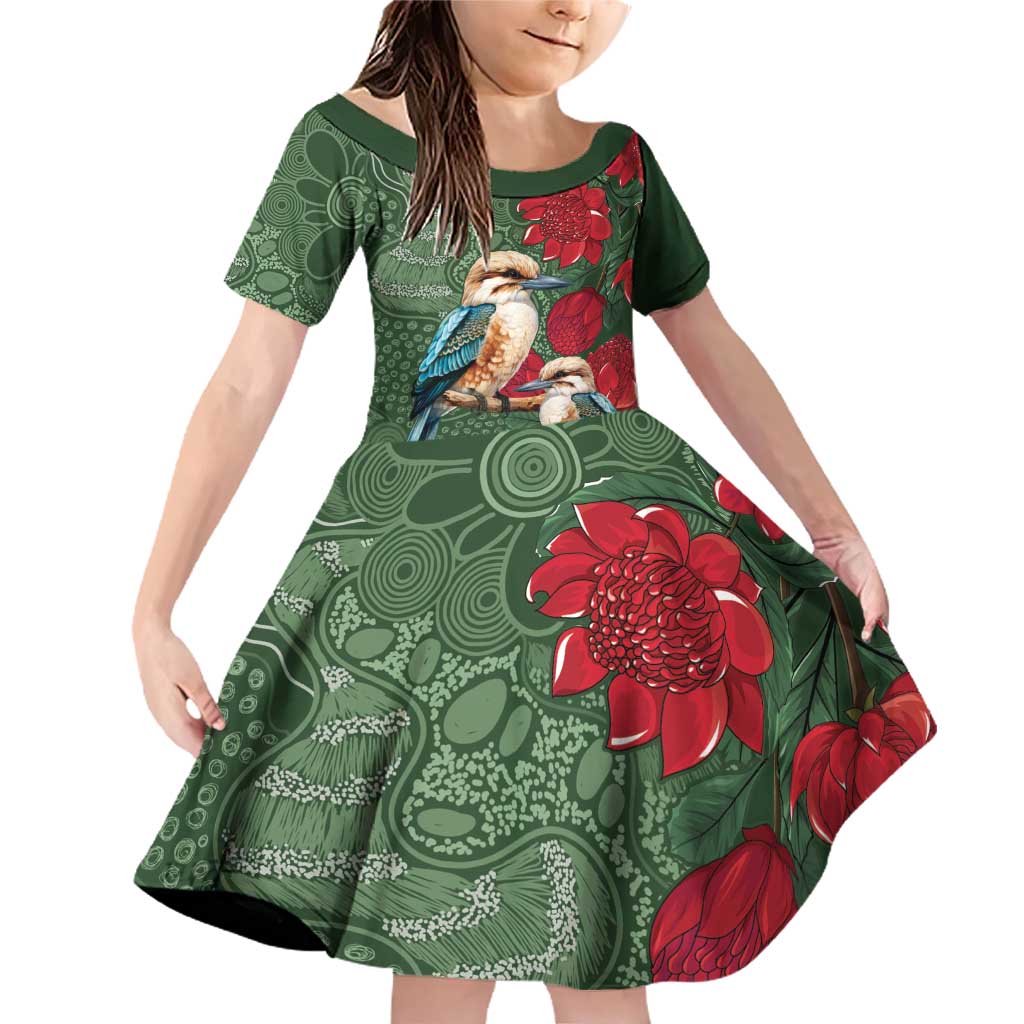 Kokaburra and Waratah Family Matching Off Shoulder Short Dress and Hawaiian Shirt Aboriginal Art