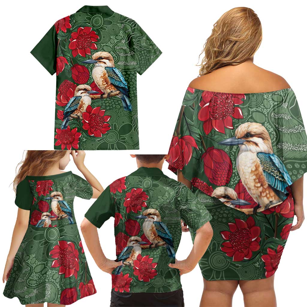 Kokaburra and Waratah Family Matching Off Shoulder Short Dress and Hawaiian Shirt Aboriginal Art