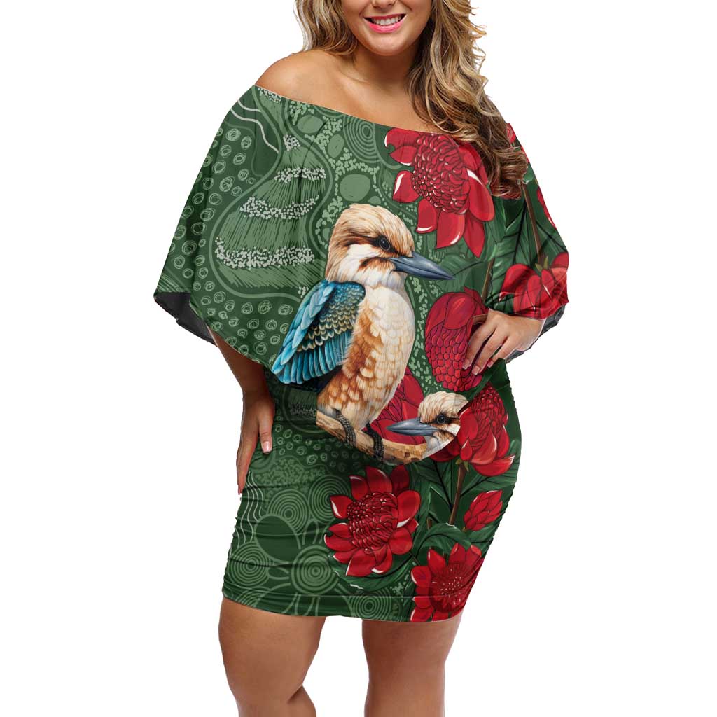 Kokaburra and Waratah Family Matching Off Shoulder Short Dress and Hawaiian Shirt Aboriginal Art