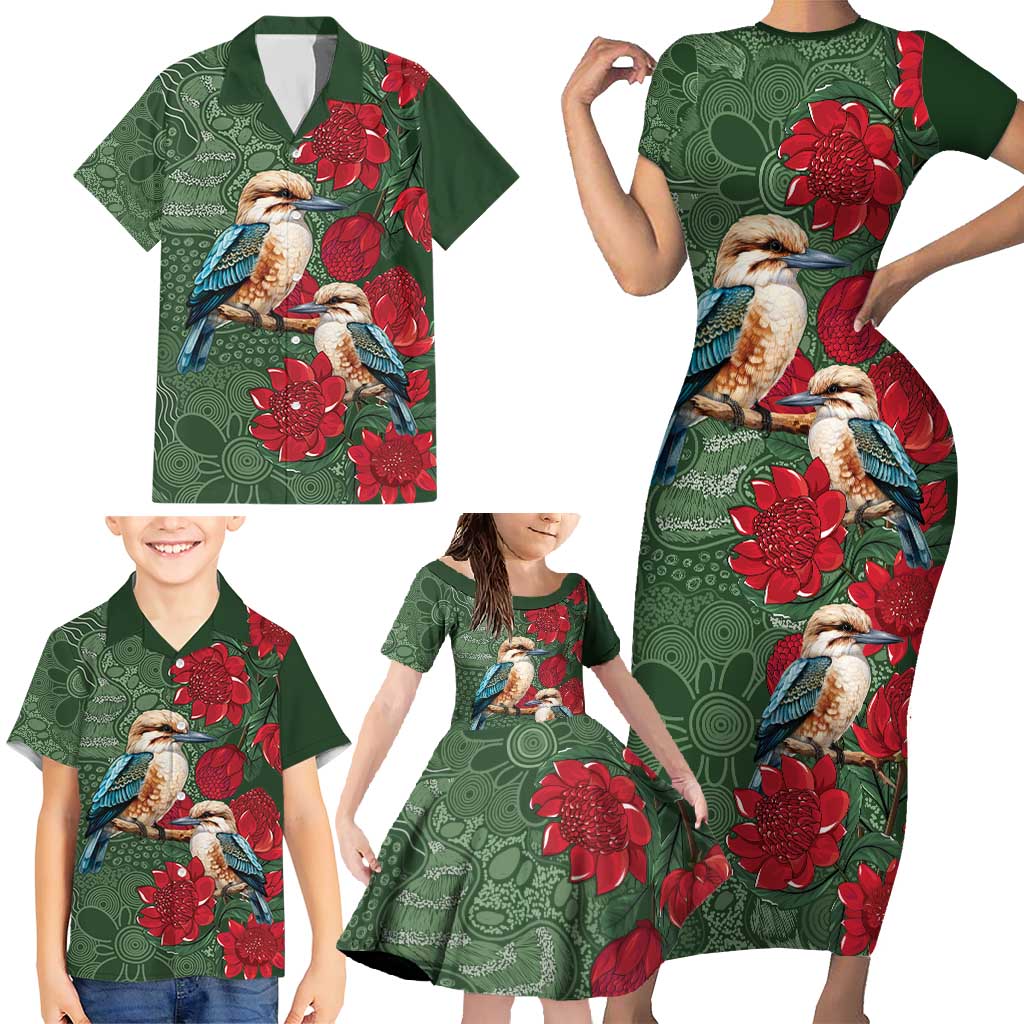 Kokaburra and Waratah Family Matching Short Sleeve Bodycon Dress and Hawaiian Shirt Aboriginal Art