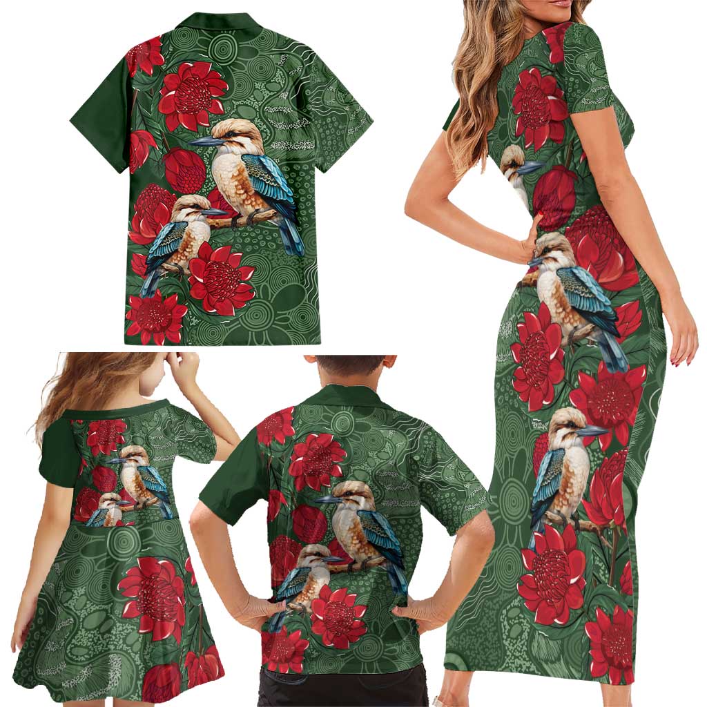 Kokaburra and Waratah Family Matching Short Sleeve Bodycon Dress and Hawaiian Shirt Aboriginal Art