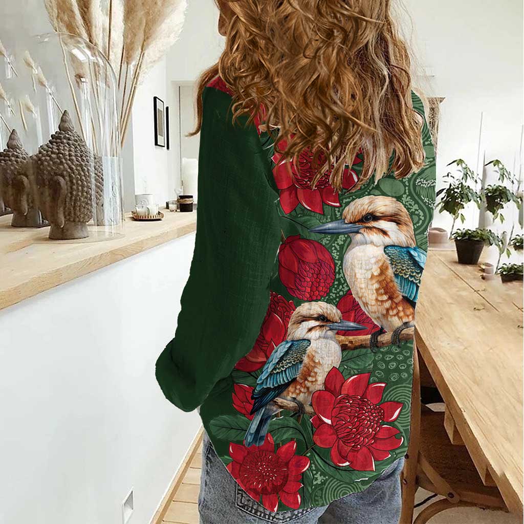 Kokaburra and Waratah Women Casual Shirt Aboriginal Art - Vibe Hoodie Shop
