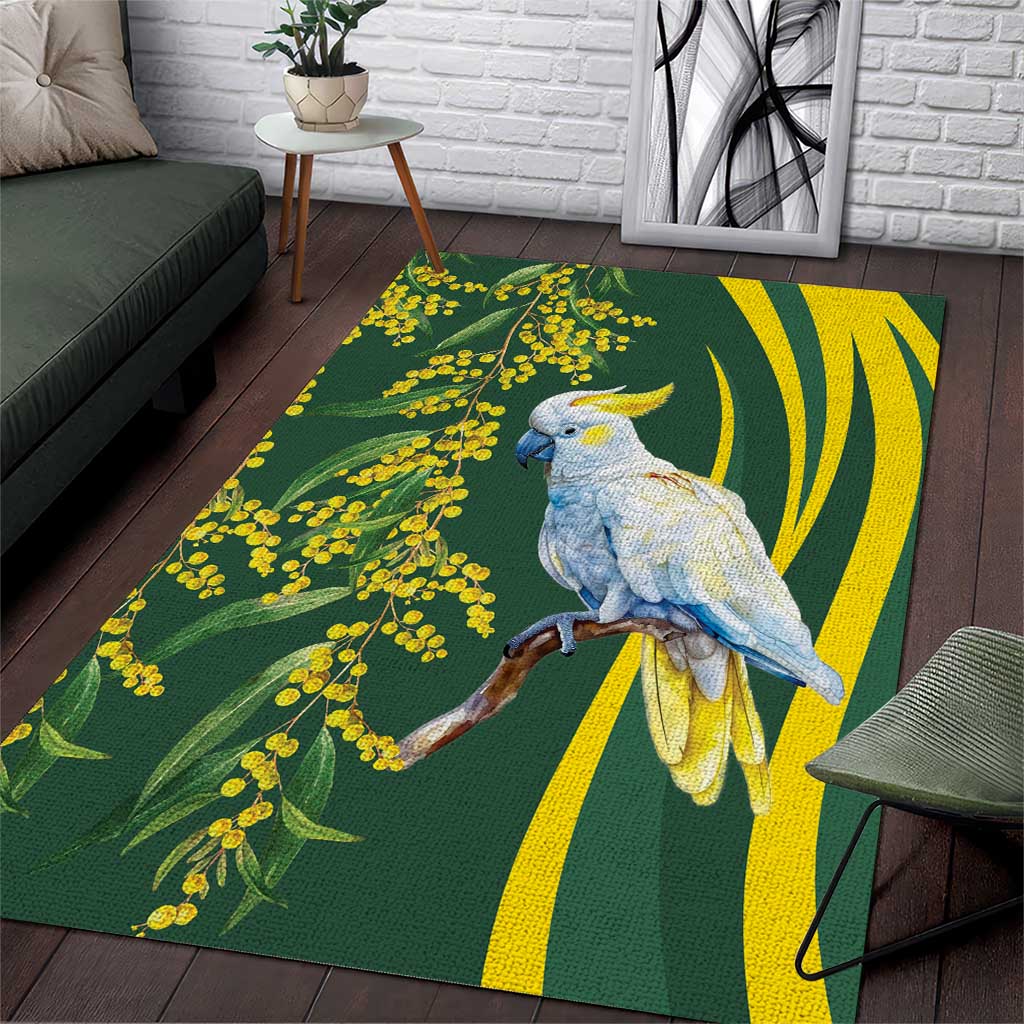 White Cockatoo and Golden Wattle Area Rug Australian Native Bird - Vibe Hoodie Shop