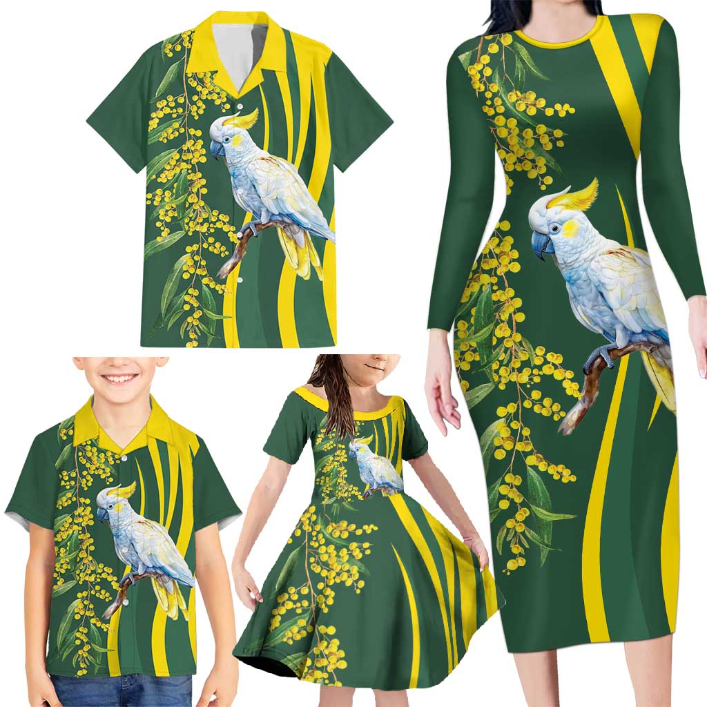 White Cockatoo and Golden Wattle Family Matching Long Sleeve Bodycon Dress and Hawaiian Shirt Australian Native Bird