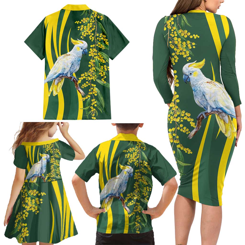 White Cockatoo and Golden Wattle Family Matching Long Sleeve Bodycon Dress and Hawaiian Shirt Australian Native Bird