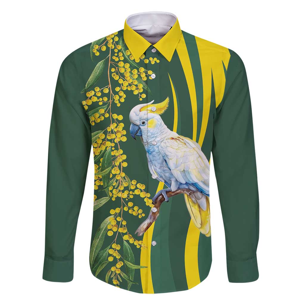 White Cockatoo and Golden Wattle Family Matching Long Sleeve Bodycon Dress and Hawaiian Shirt Australian Native Bird