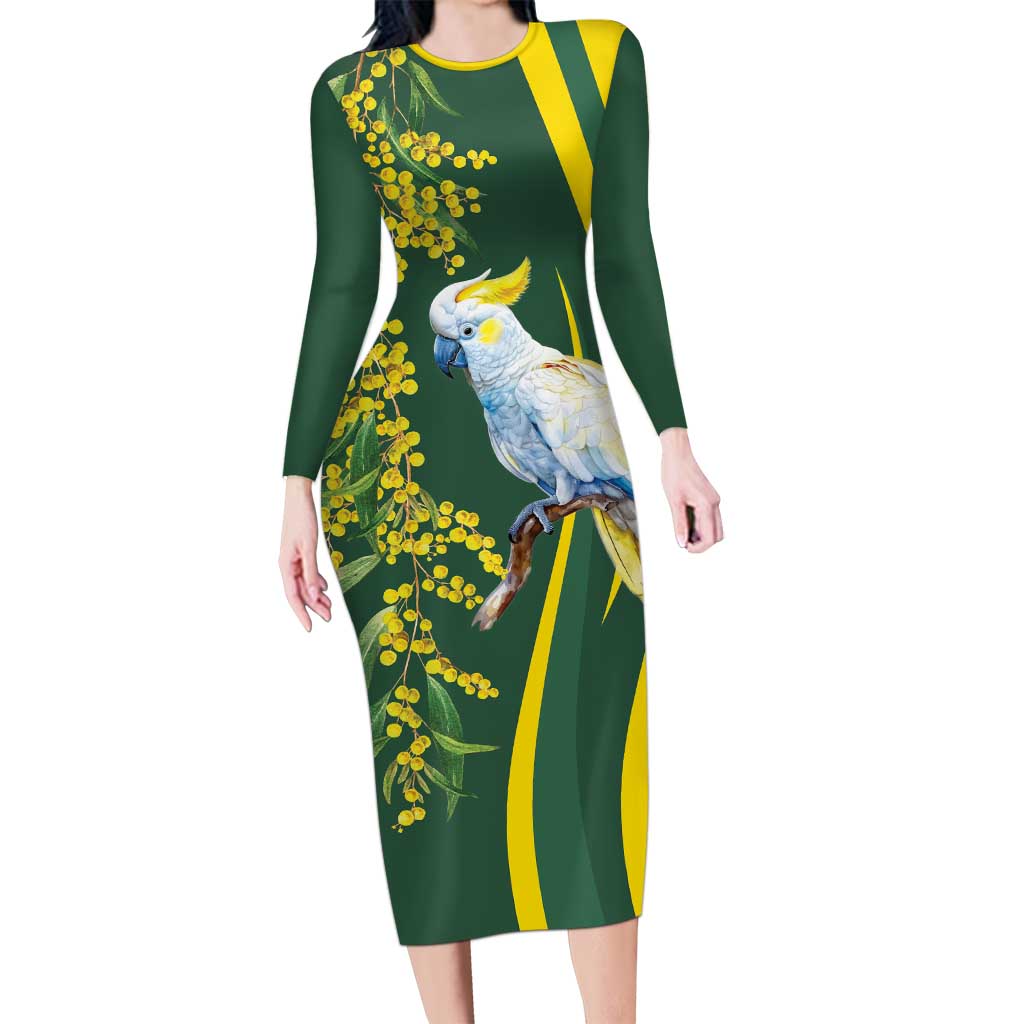 White Cockatoo and Golden Wattle Family Matching Long Sleeve Bodycon Dress and Hawaiian Shirt Australian Native Bird