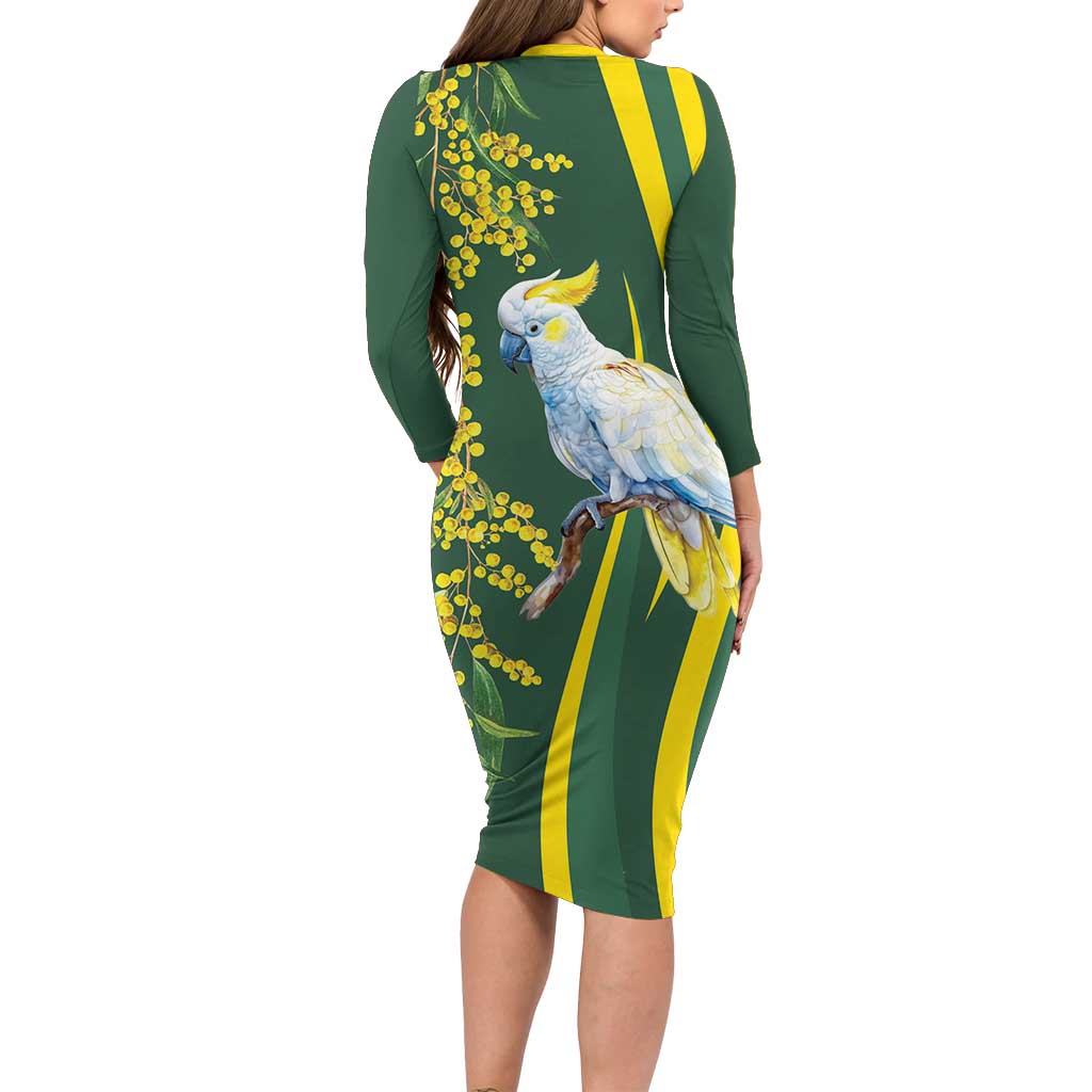 White Cockatoo and Golden Wattle Family Matching Long Sleeve Bodycon Dress and Hawaiian Shirt Australian Native Bird