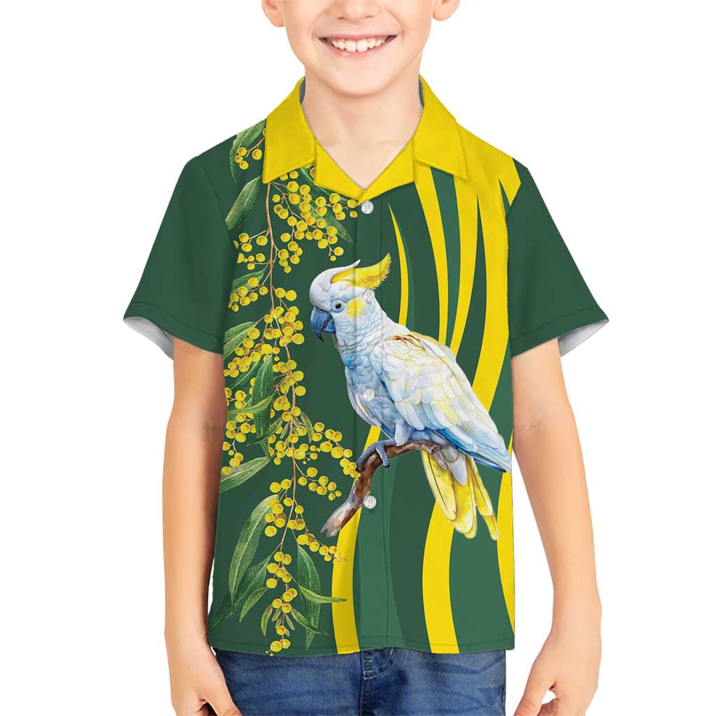 White Cockatoo and Golden Wattle Family Matching Long Sleeve Bodycon Dress and Hawaiian Shirt Australian Native Bird