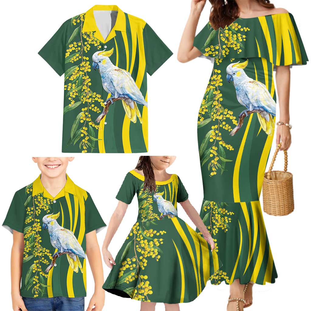 White Cockatoo and Golden Wattle Family Matching Mermaid Dress and Hawaiian Shirt Australian Native Bird