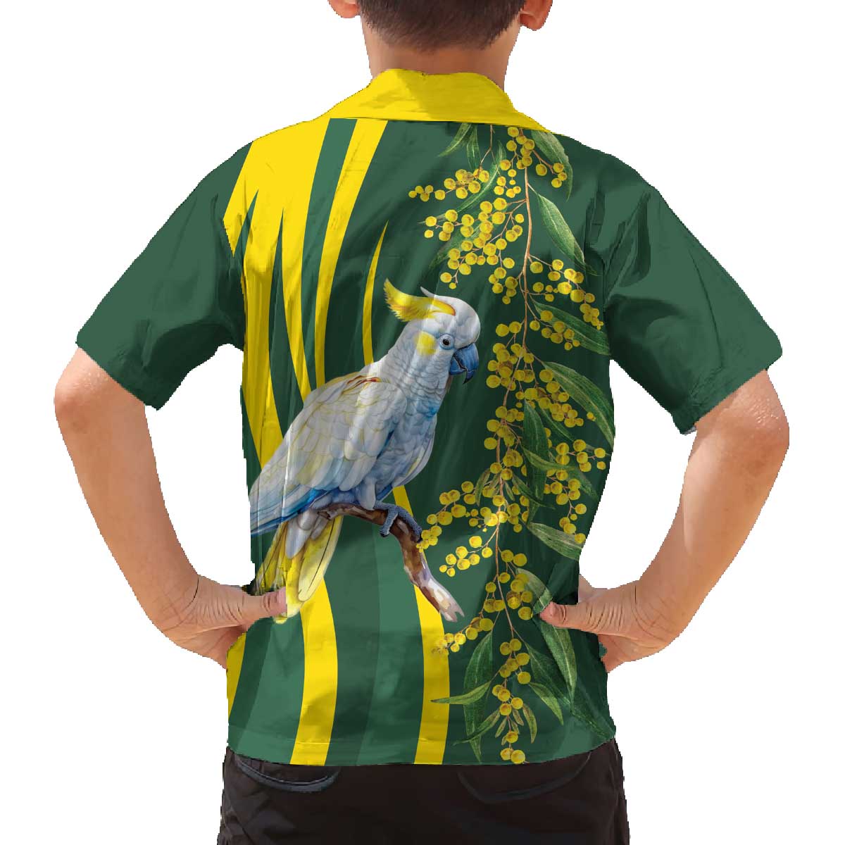 White Cockatoo and Golden Wattle Family Matching Off The Shoulder Long Sleeve Dress and Hawaiian Shirt Australian Native Bird