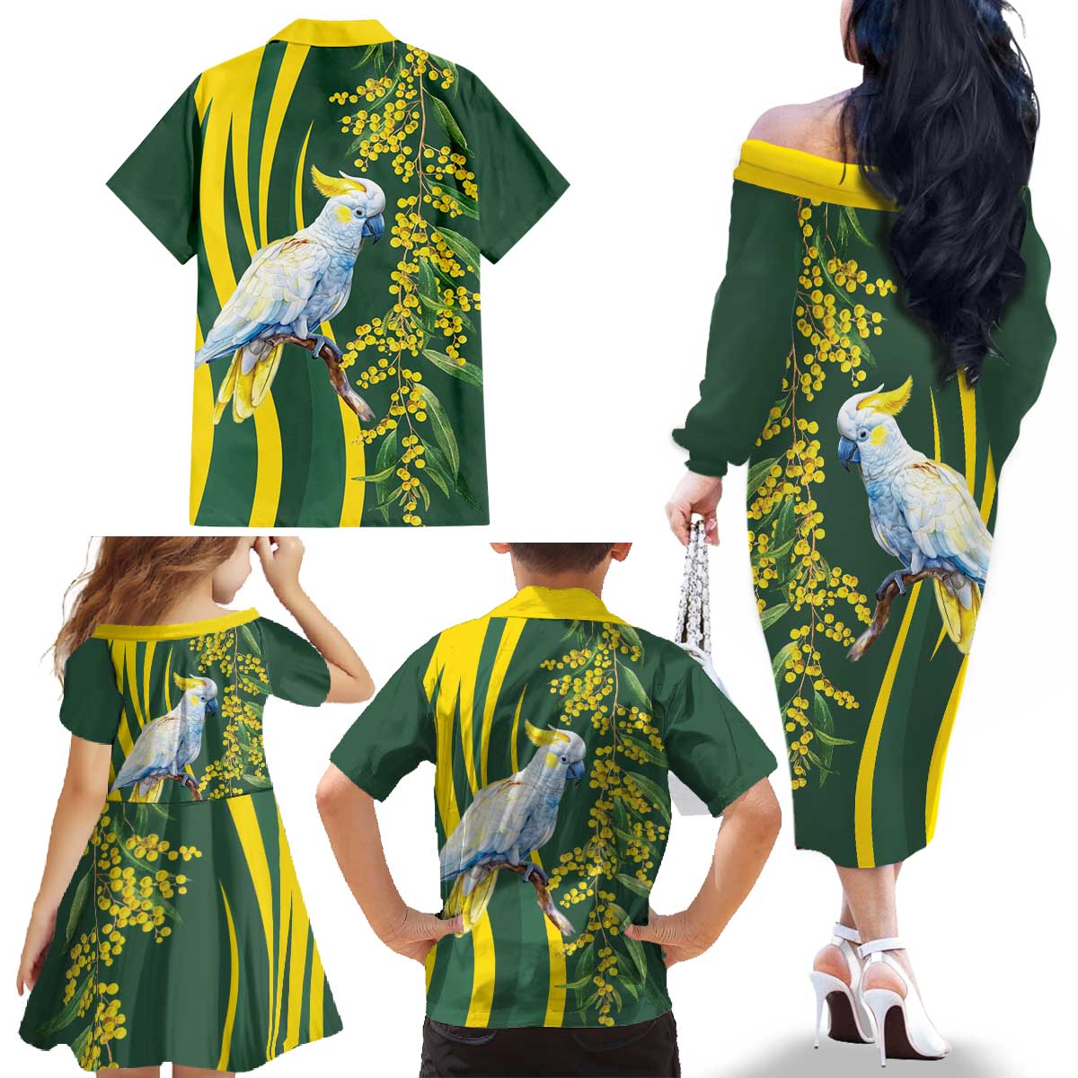 White Cockatoo and Golden Wattle Family Matching Off The Shoulder Long Sleeve Dress and Hawaiian Shirt Australian Native Bird