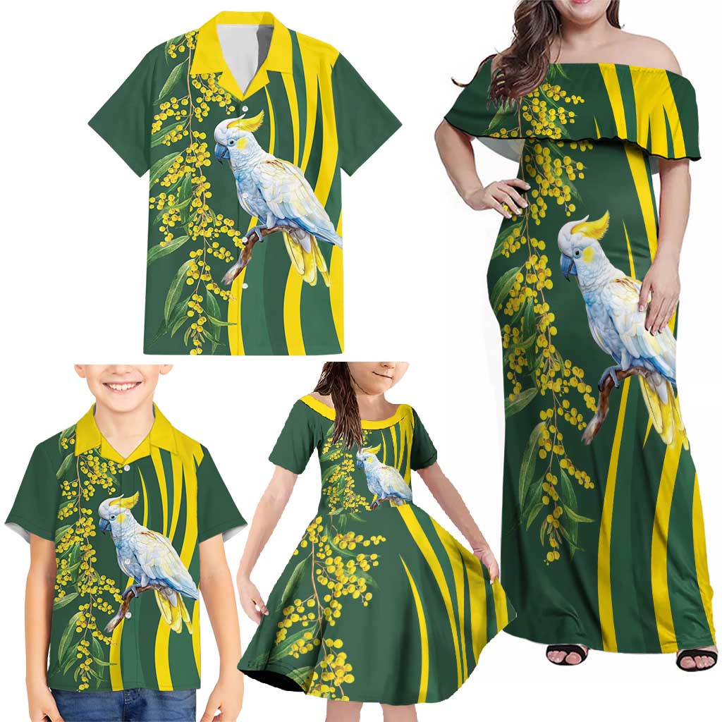 White Cockatoo and Golden Wattle Family Matching Off Shoulder Maxi Dress and Hawaiian Shirt Australian Native Bird