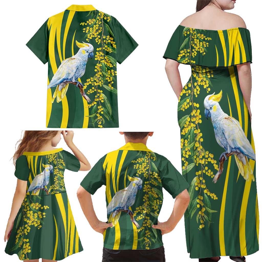 White Cockatoo and Golden Wattle Family Matching Off Shoulder Maxi Dress and Hawaiian Shirt Australian Native Bird