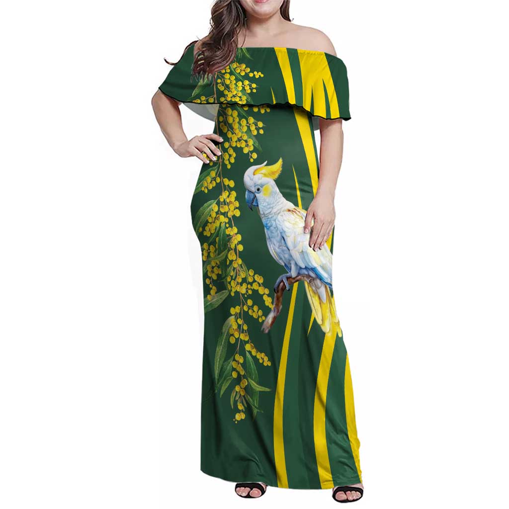 White Cockatoo and Golden Wattle Family Matching Off Shoulder Maxi Dress and Hawaiian Shirt Australian Native Bird