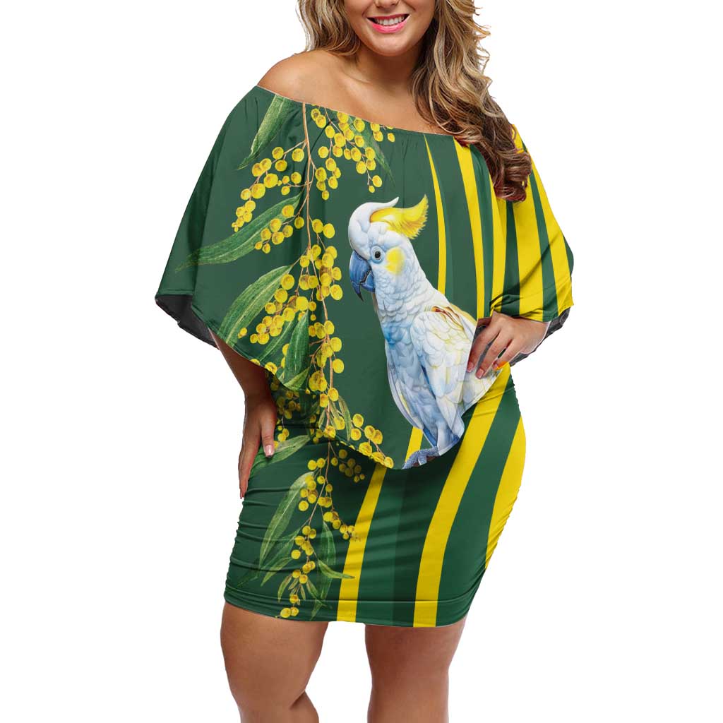 White Cockatoo and Golden Wattle Family Matching Off Shoulder Short Dress and Hawaiian Shirt Australian Native Bird