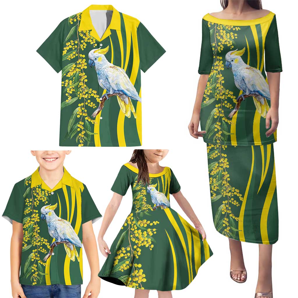 White Cockatoo and Golden Wattle Family Matching Puletasi and Hawaiian Shirt Australian Native Bird