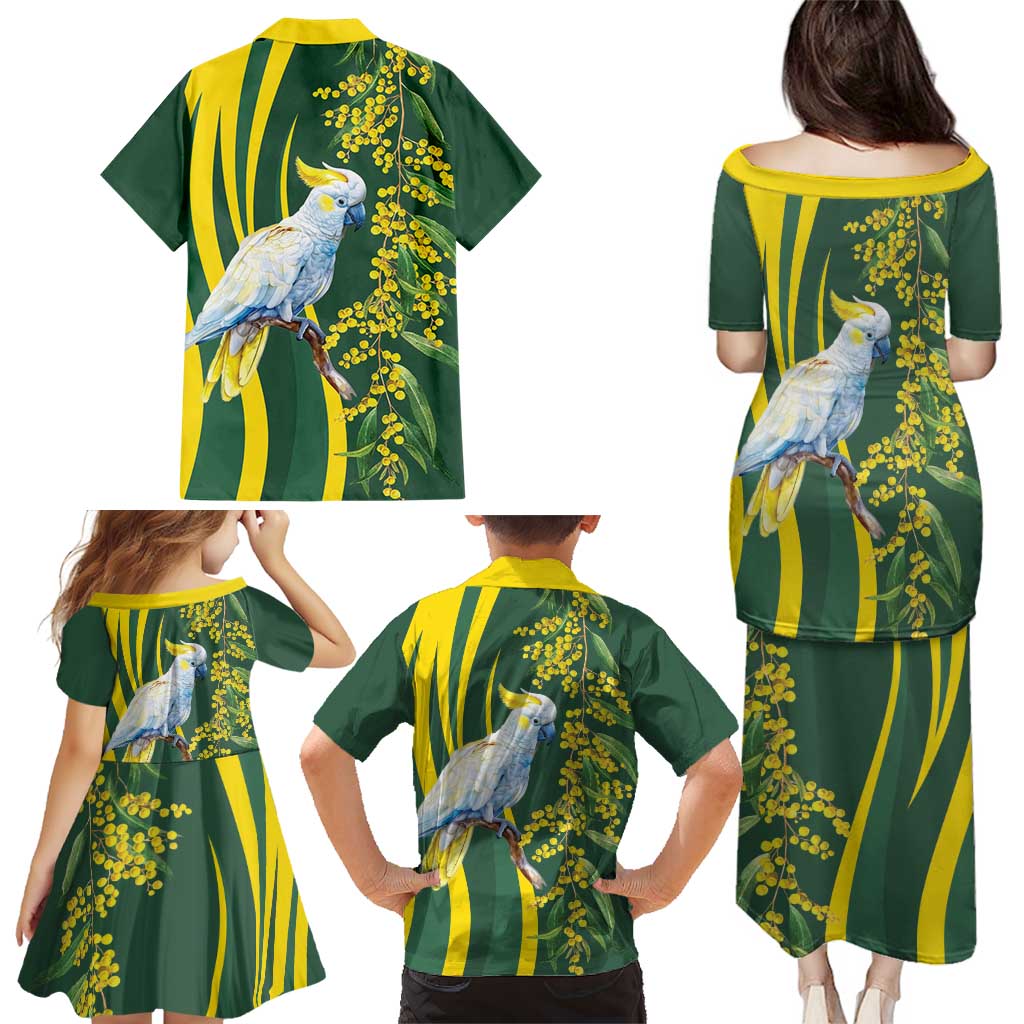 White Cockatoo and Golden Wattle Family Matching Puletasi and Hawaiian Shirt Australian Native Bird