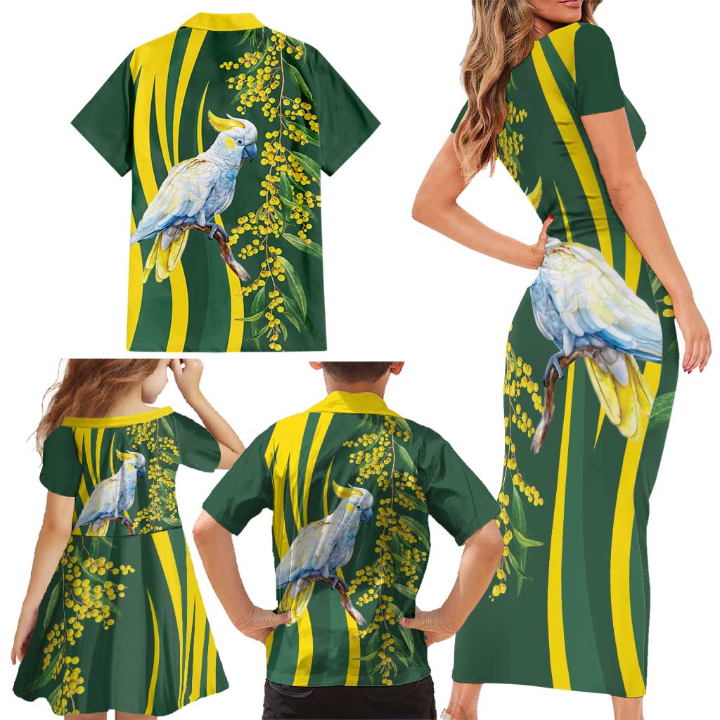 White Cockatoo and Golden Wattle Family Matching Short Sleeve Bodycon Dress and Hawaiian Shirt Australian Native Bird