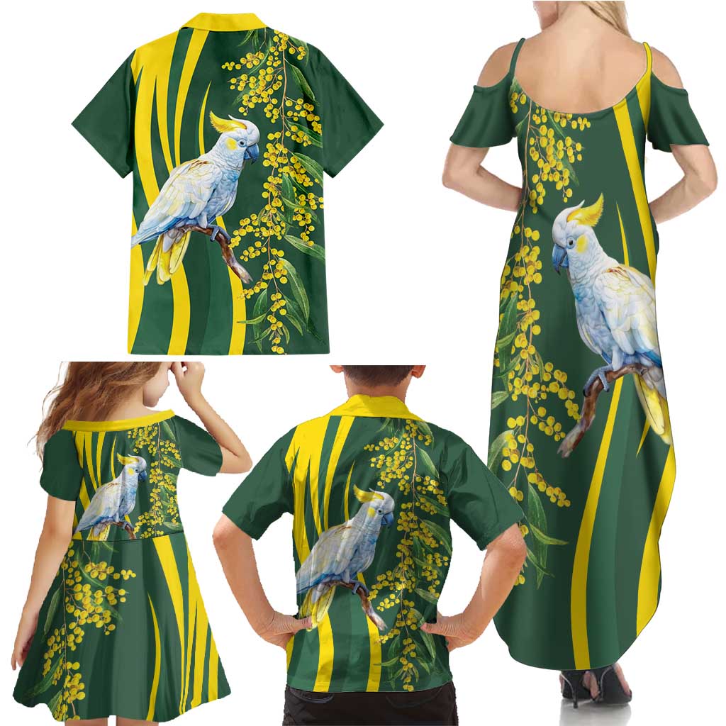 White Cockatoo and Golden Wattle Family Matching Summer Maxi Dress and Hawaiian Shirt Australian Native Bird