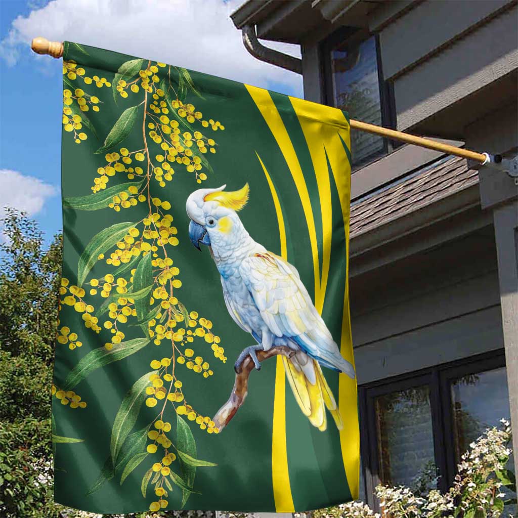 White Cockatoo and Golden Wattle Garden Flag Australian Native Bird - Vibe Hoodie Shop