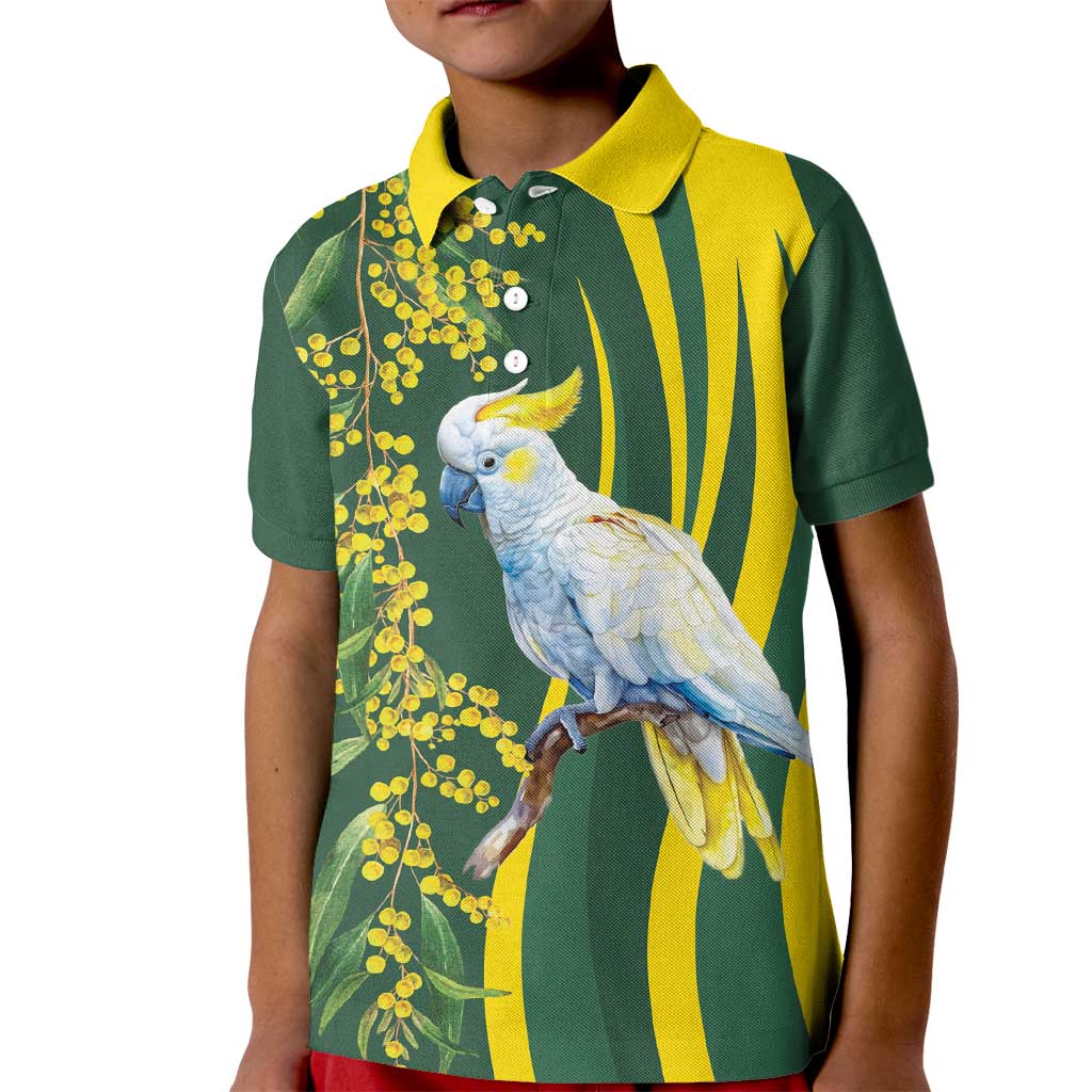 White Cockatoo and Golden Wattle Kid Polo Shirt Australian Native Bird - Vibe Hoodie Shop