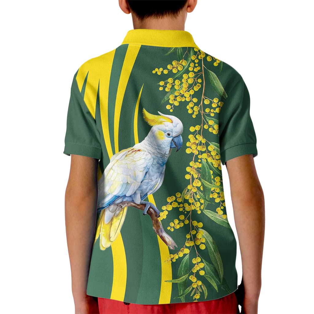 White Cockatoo and Golden Wattle Kid Polo Shirt Australian Native Bird - Vibe Hoodie Shop