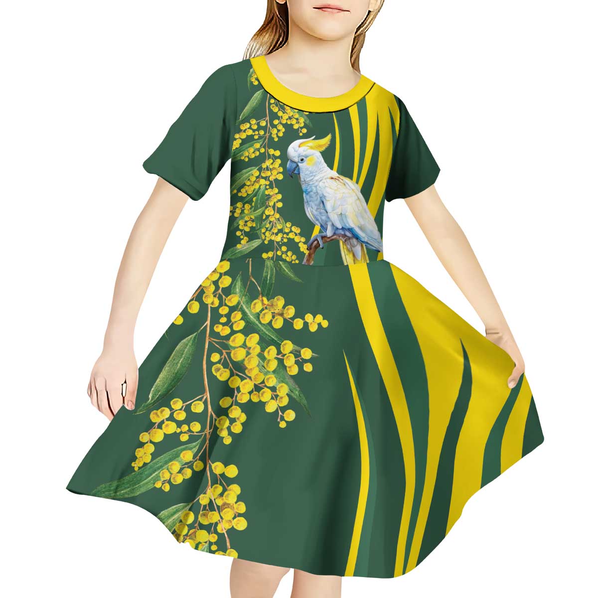 White Cockatoo and Golden Wattle Kid Short Sleeve Dress Australian Native Bird - Vibe Hoodie Shop