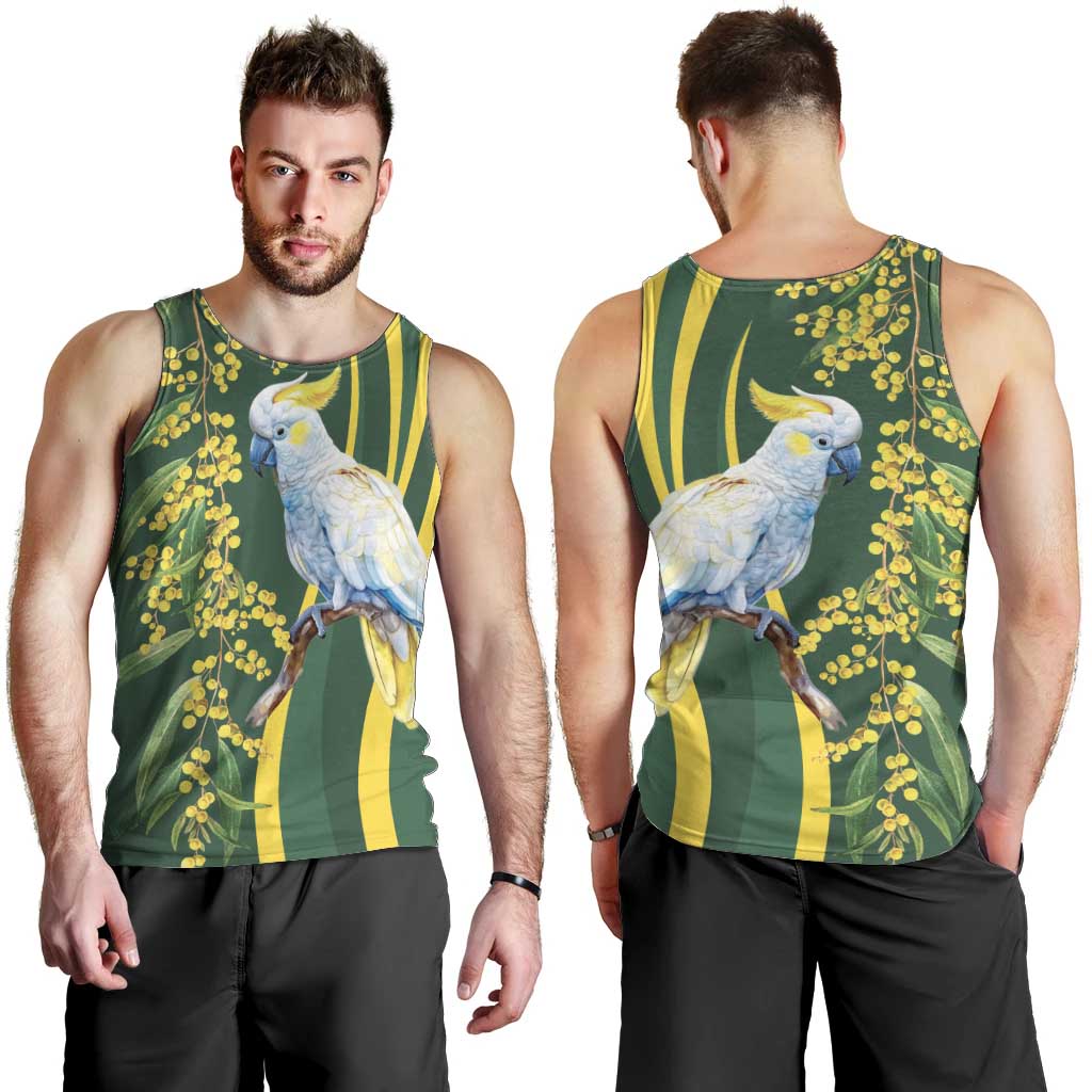 White Cockatoo and Golden Wattle Men Tank Top Australian Native Bird - Vibe Hoodie Shop