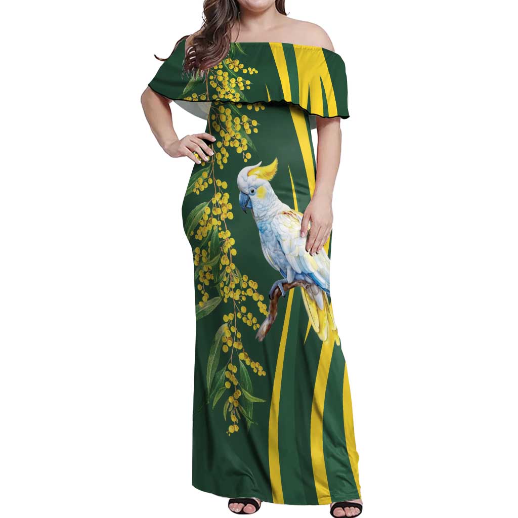 White Cockatoo and Golden Wattle Off Shoulder Maxi Dress Australian Native Bird