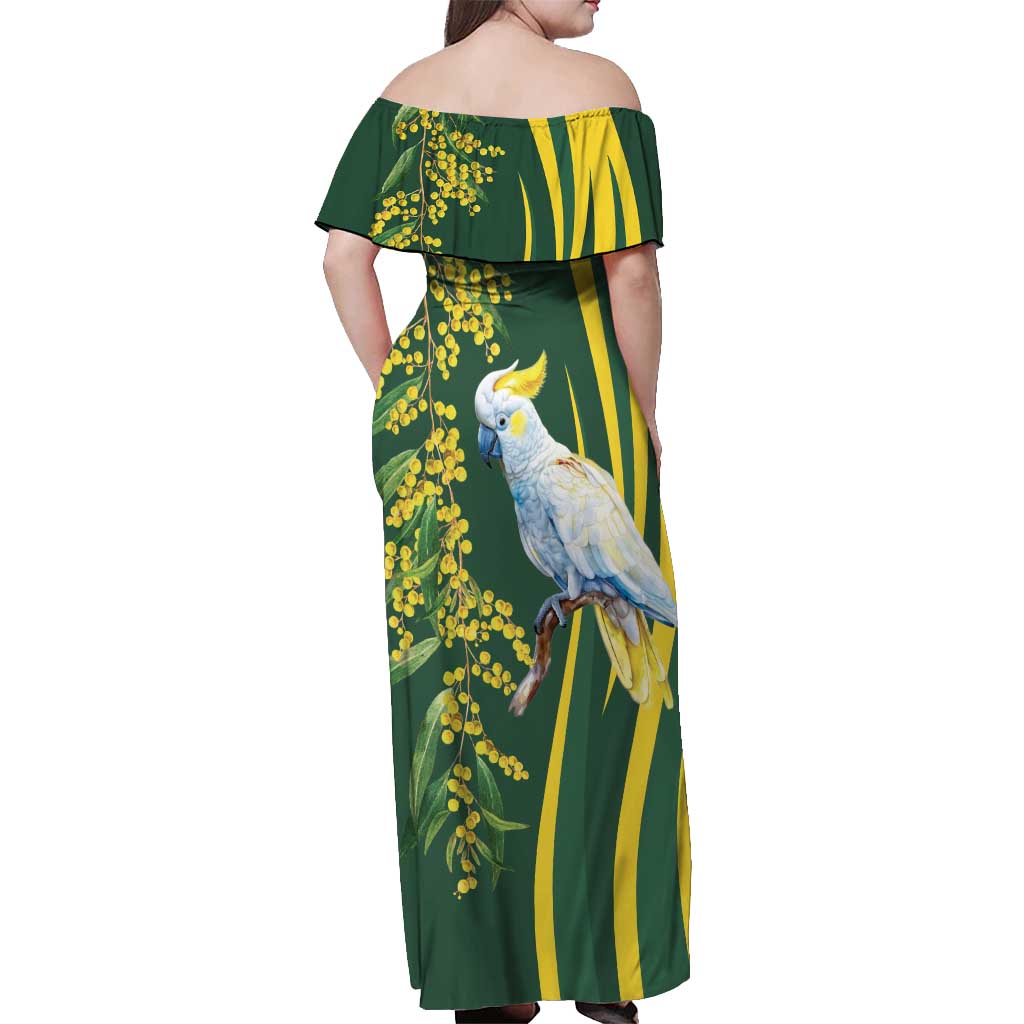 White Cockatoo and Golden Wattle Off Shoulder Maxi Dress Australian Native Bird