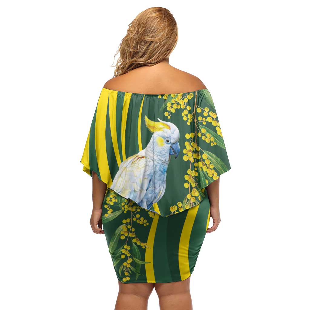 White Cockatoo and Golden Wattle Off Shoulder Short Dress Australian Native Bird