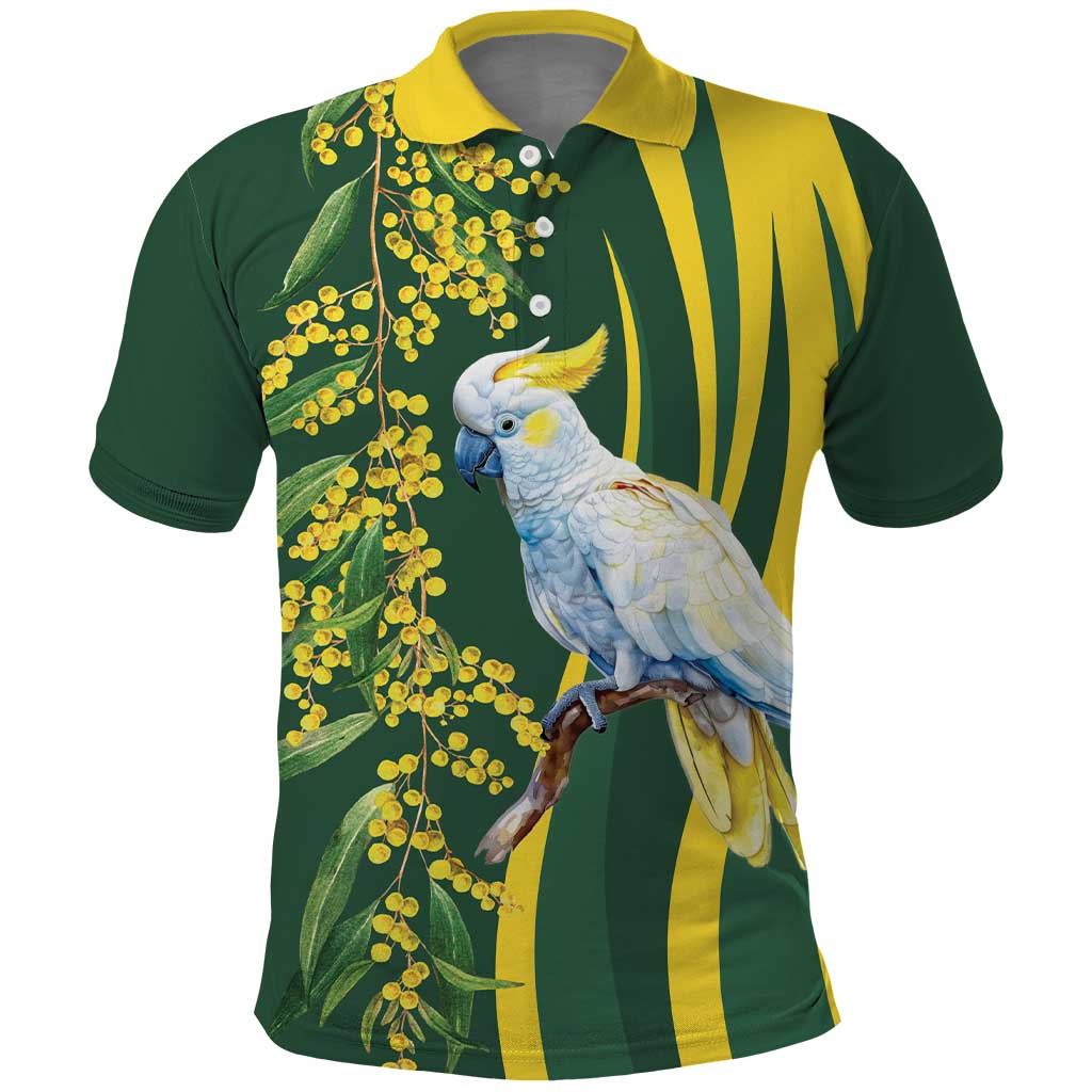 White Cockatoo and Golden Wattle Polo Shirt Australian Native Bird LT9 - Vibe Hoodie Shop