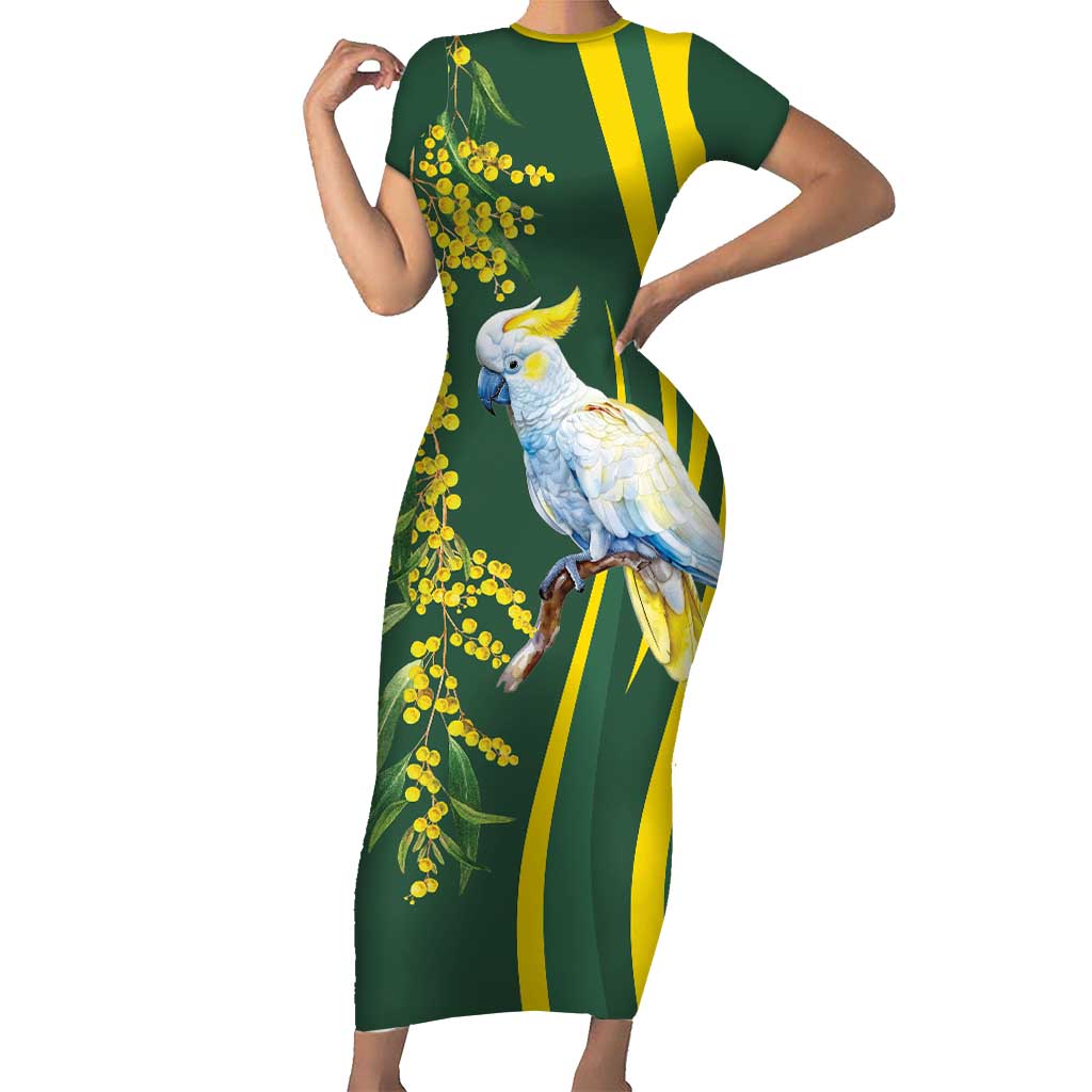 White Cockatoo and Golden Wattle Short Sleeve Bodycon Dress Australian Native Bird