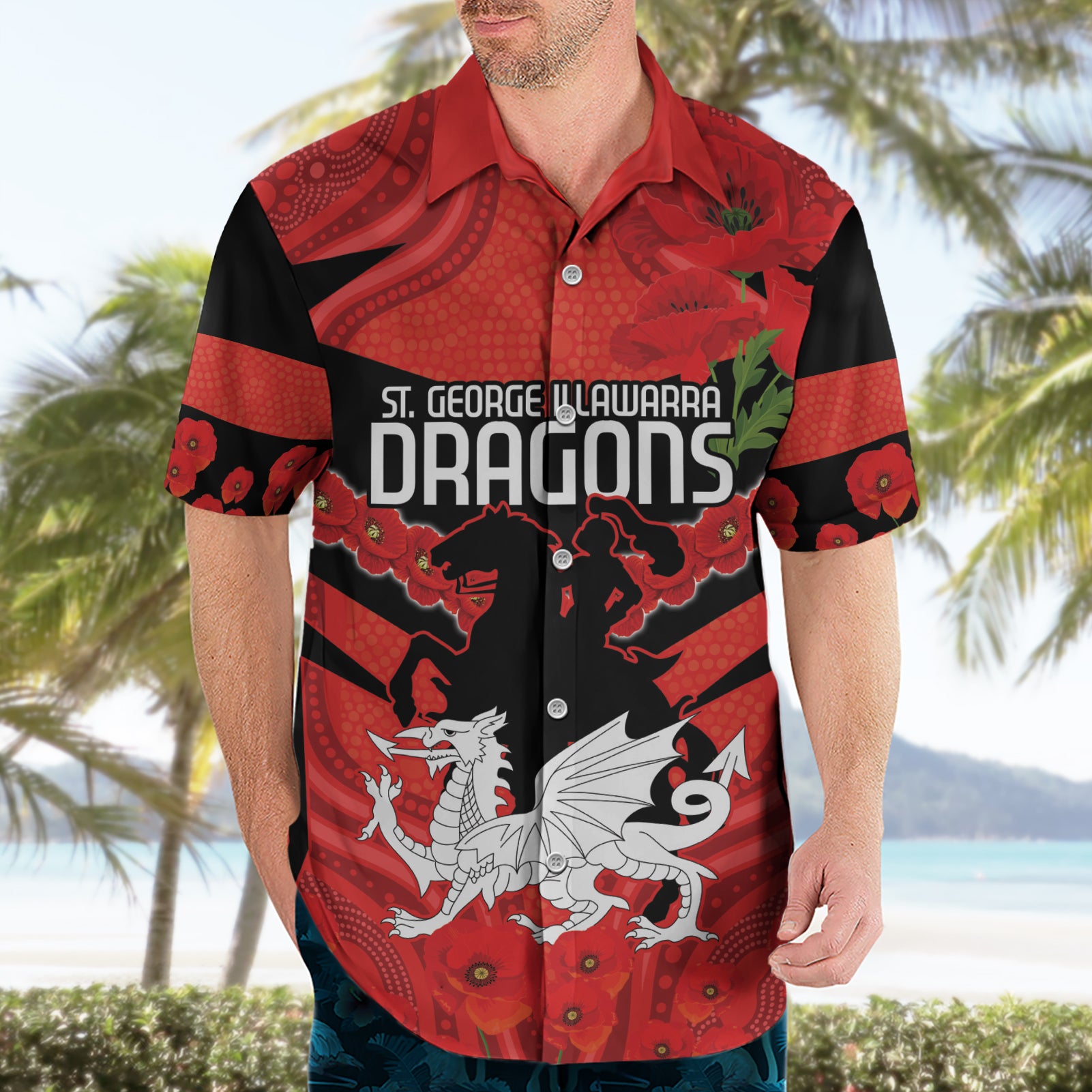 Custom Dragons Rugby ANZAC Hawaiian Shirt Gallipoli Soldier With Aboriginal Art - Vibe Hoodie Shop