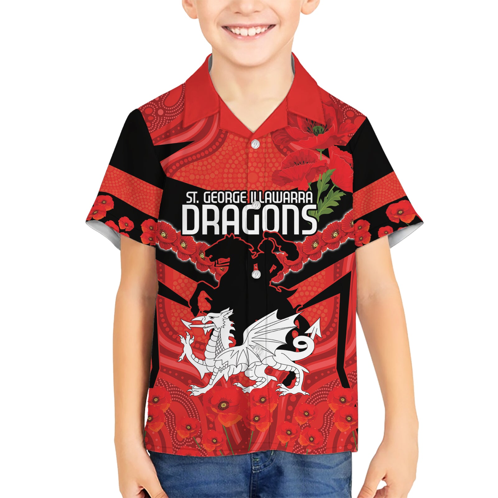 Custom Dragons Rugby ANZAC Hawaiian Shirt Gallipoli Soldier With Aboriginal Art - Vibe Hoodie Shop