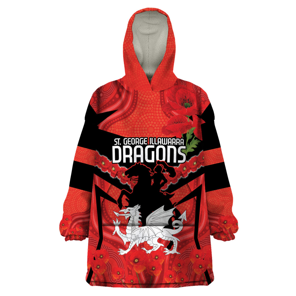 Custom Dragons Rugby ANZAC Wearable Blanket Hoodie Gallipoli Soldier With Aboriginal Art - Vibe Hoodie Shop