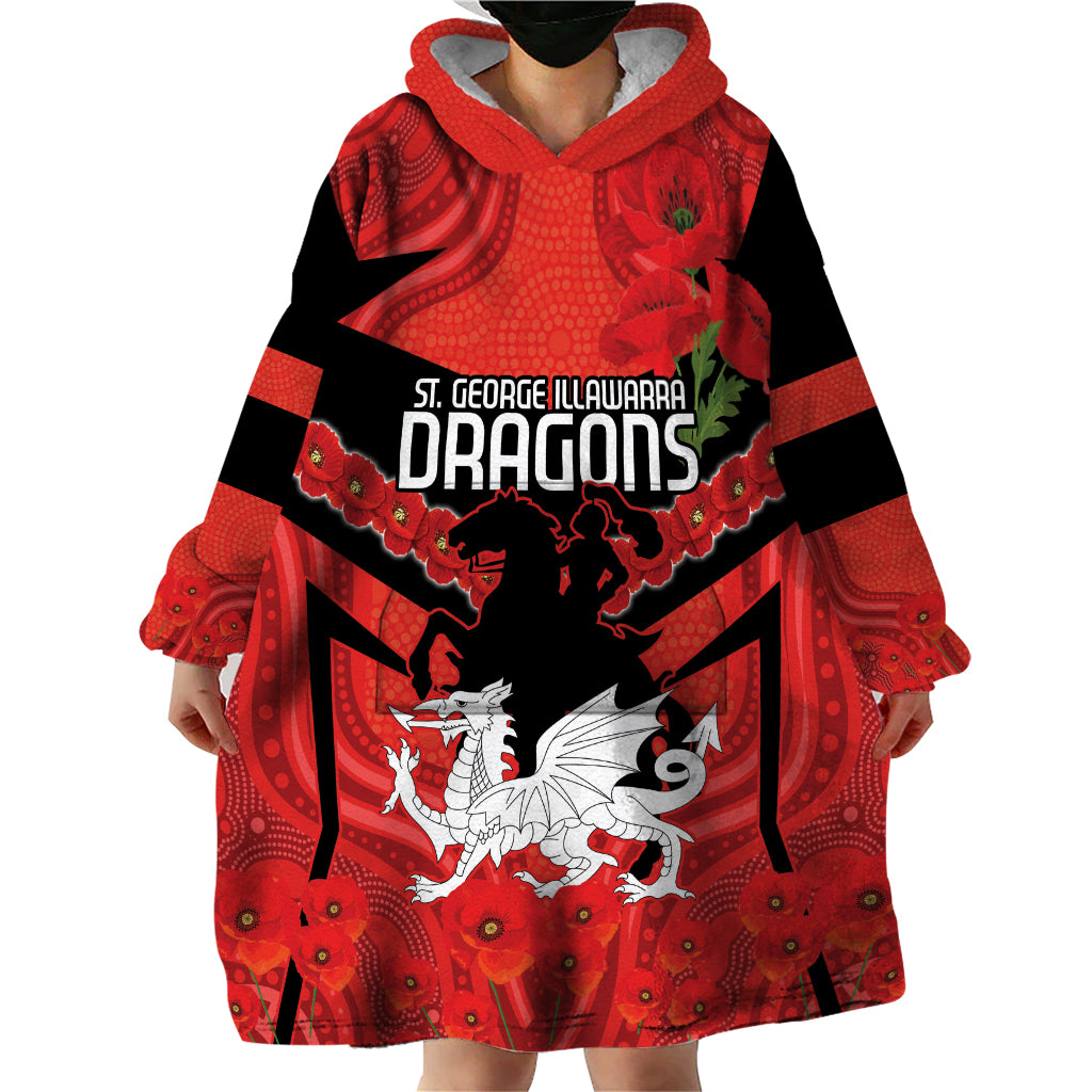 Custom Dragons Rugby ANZAC Wearable Blanket Hoodie Gallipoli Soldier With Aboriginal Art - Vibe Hoodie Shop