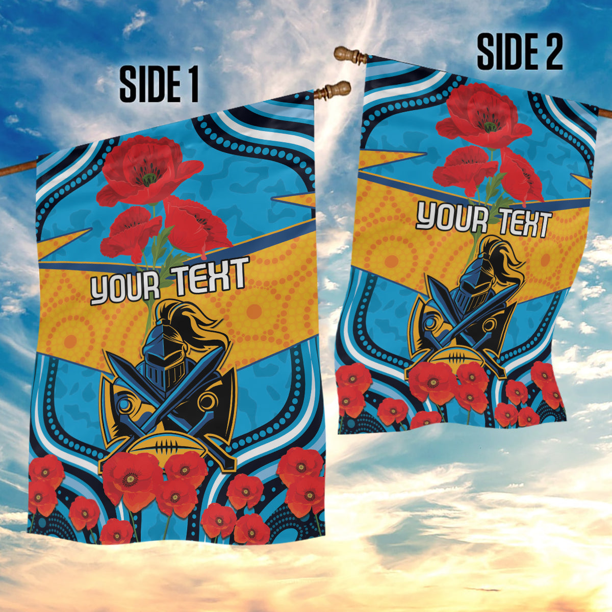 Custom GLD Titans Rugby ANZAC Garden Flag Gallipoli Soldier With Aboriginal Art - Vibe Hoodie Shop