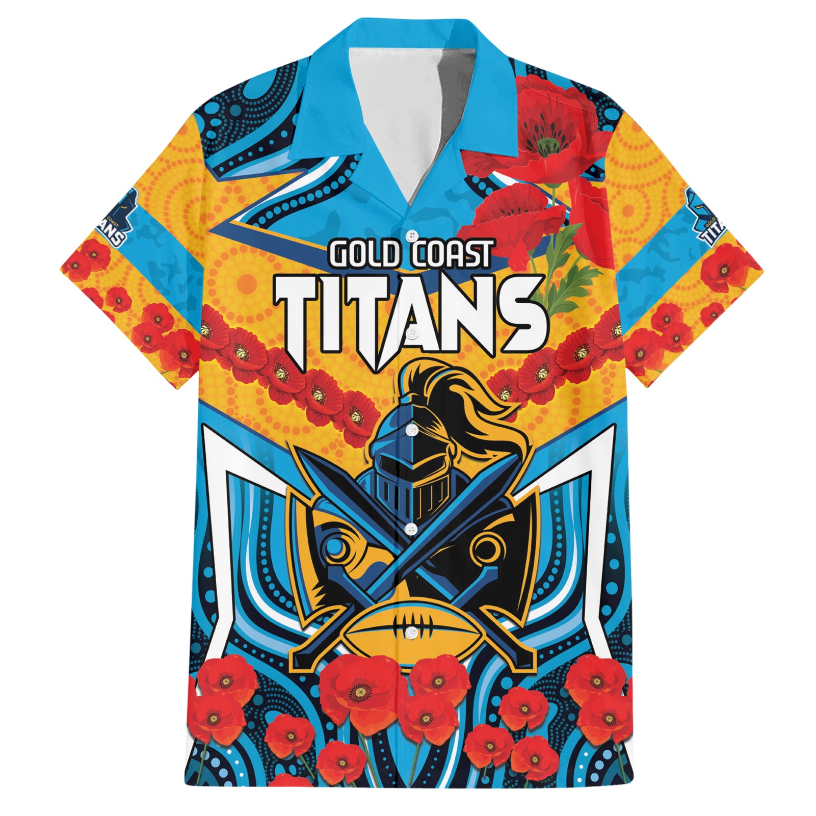 Custom GLD Titans Rugby ANZAC Hawaiian Shirt Gallipoli Soldier With Aboriginal Art - Vibe Hoodie Shop