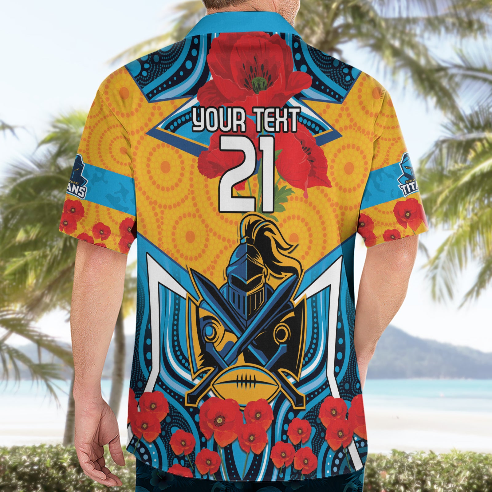 Custom GLD Titans Rugby ANZAC Hawaiian Shirt Gallipoli Soldier With Aboriginal Art - Vibe Hoodie Shop