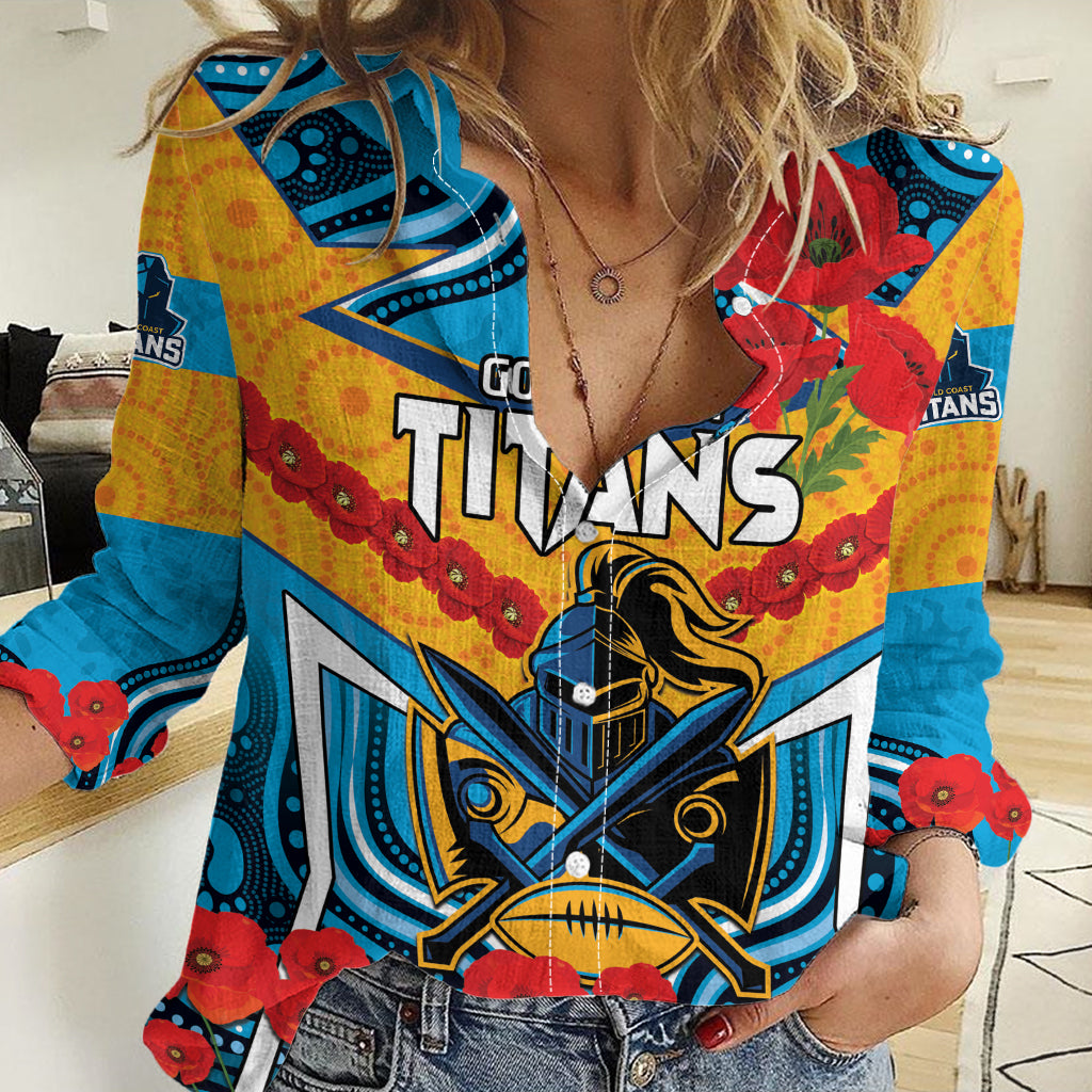 Custom GLD Titans Rugby ANZAC Women Casual Shirt Gallipoli Soldier With Aboriginal Art - Vibe Hoodie Shop