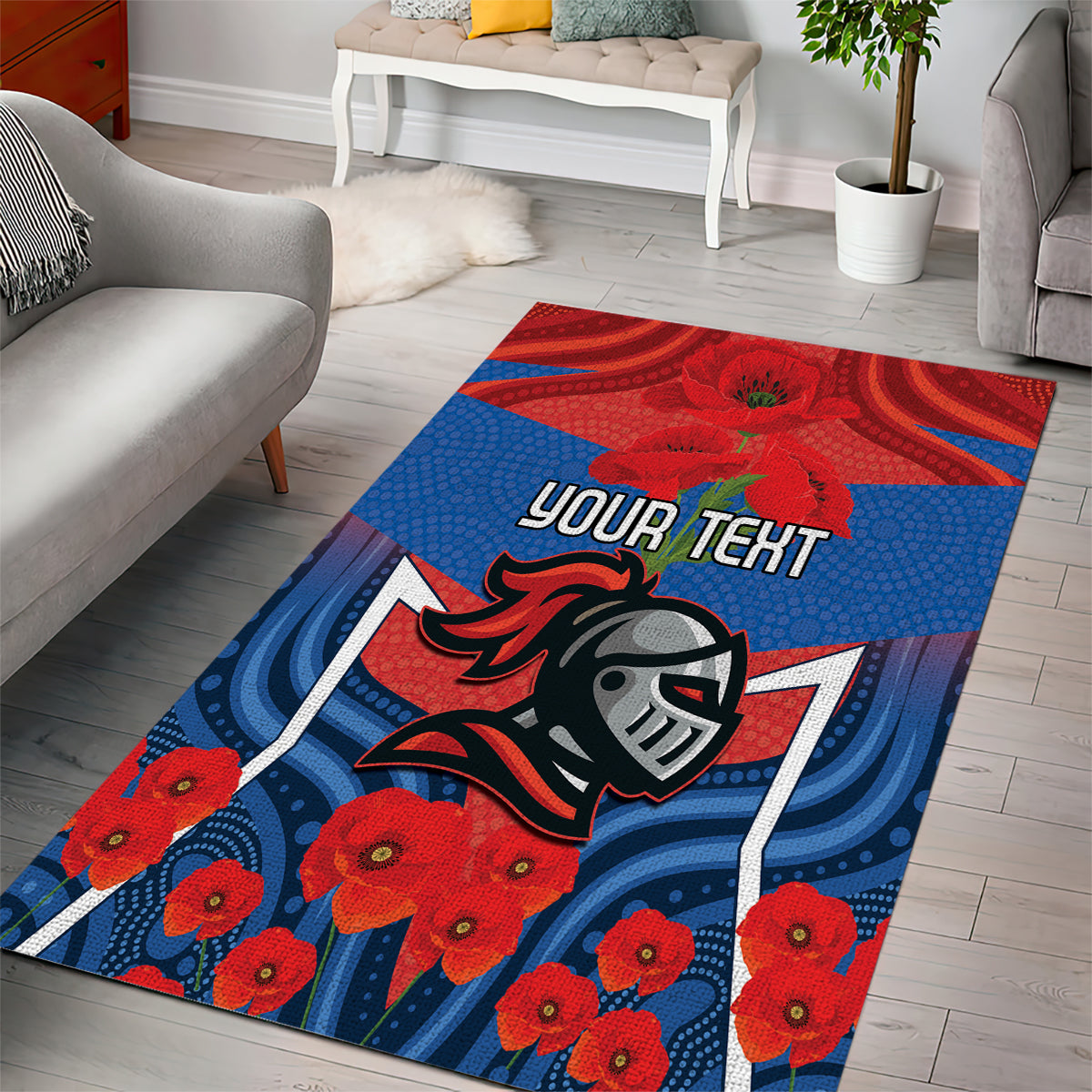 Custom Knights Rugby ANZAC Area Rug Novocastrians Gallipoli Soldier With Aboriginal Art - Vibe Hoodie Shop