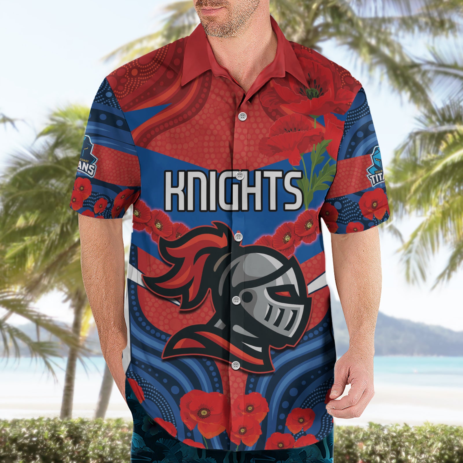 Custom Knights Rugby ANZAC Hawaiian Shirt Novocastrians Gallipoli Soldier With Aboriginal Art - Vibe Hoodie Shop