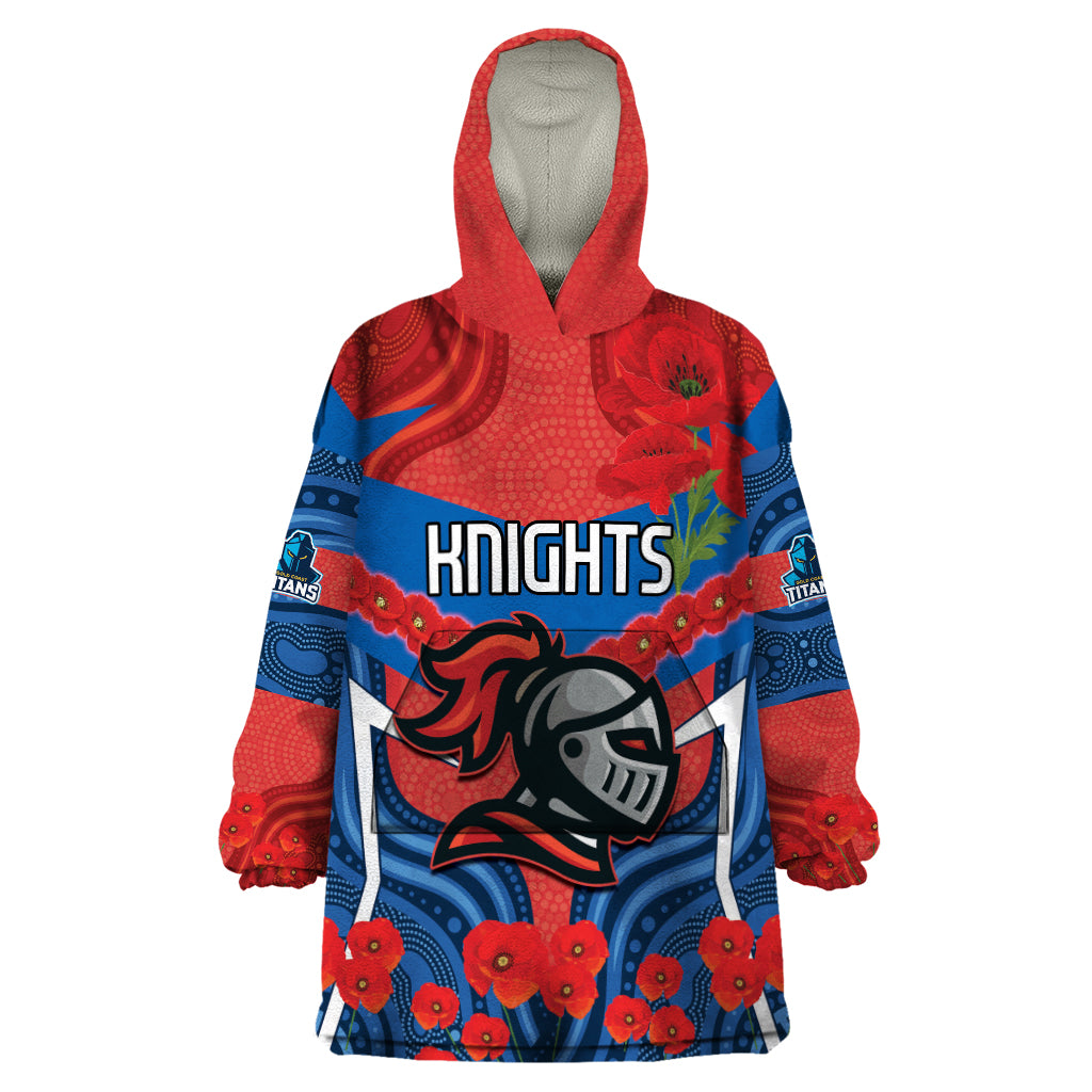 Custom Knights Rugby ANZAC Wearable Blanket Hoodie Novocastrians Gallipoli Soldier With Aboriginal Art - Vibe Hoodie Shop