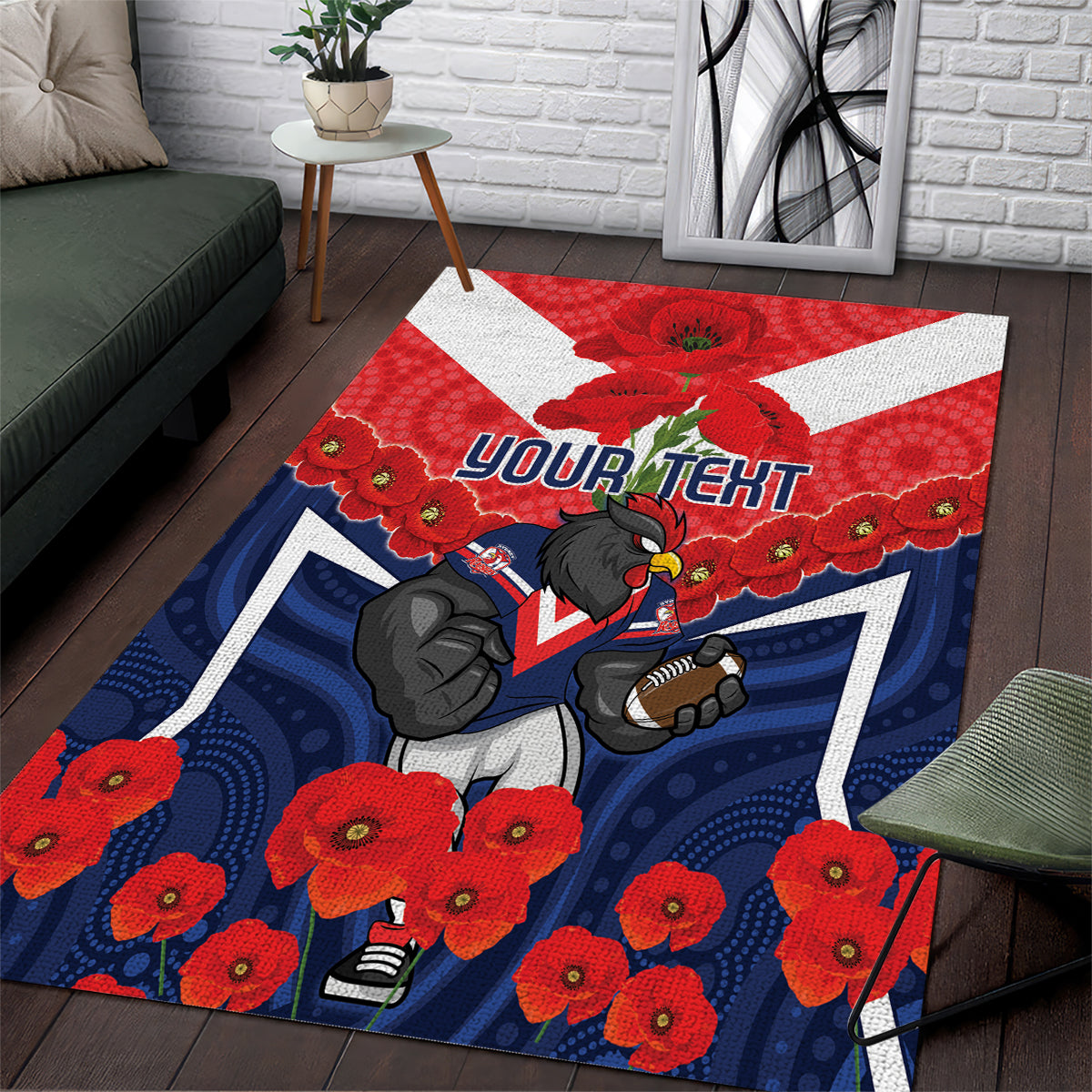 Custom Roosters Rugby ANZAC Area Rug Sydney Gallipoli Soldier With Aboriginal Art - Vibe Hoodie Shop