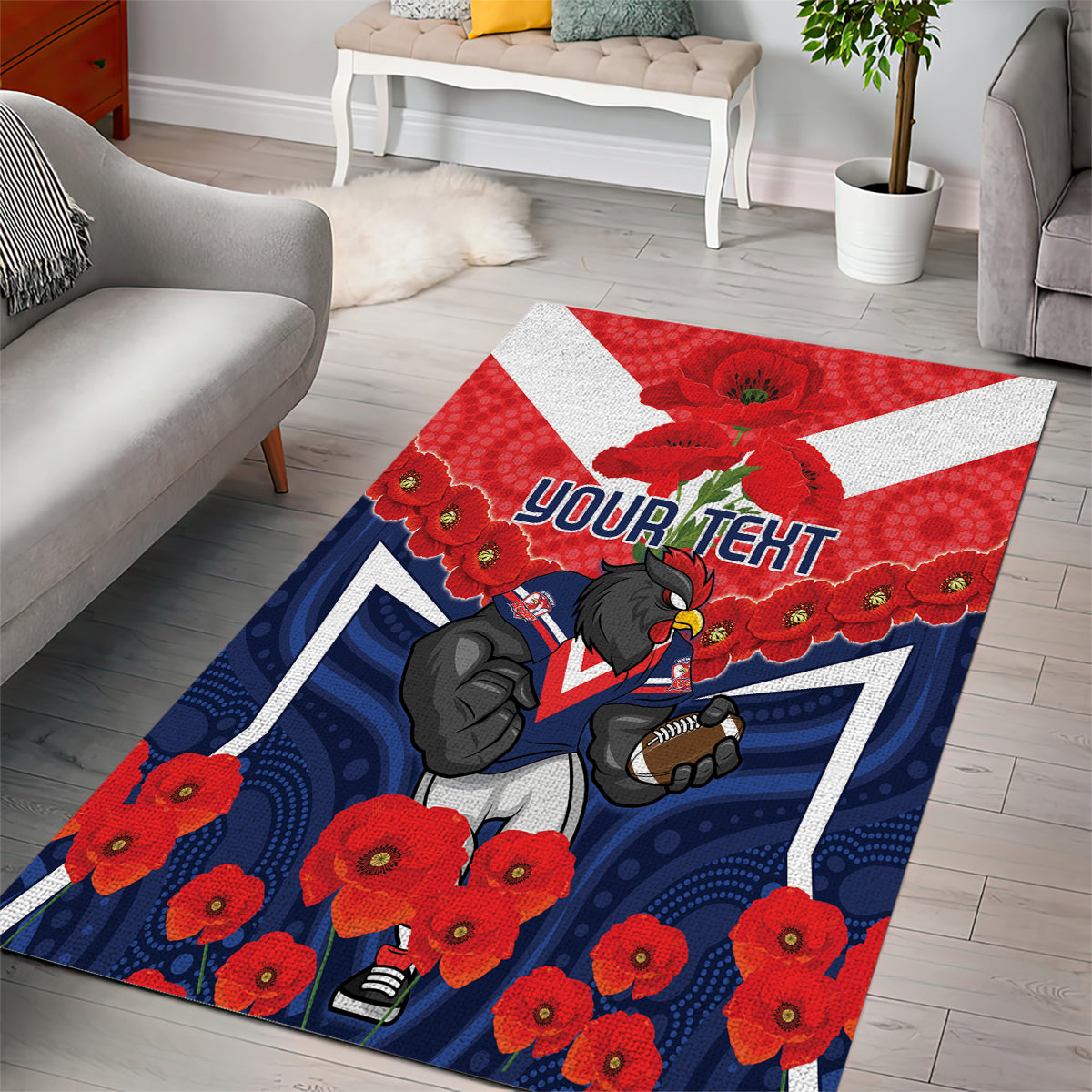 Custom Roosters Rugby ANZAC Area Rug Sydney Gallipoli Soldier With Aboriginal Art - Vibe Hoodie Shop