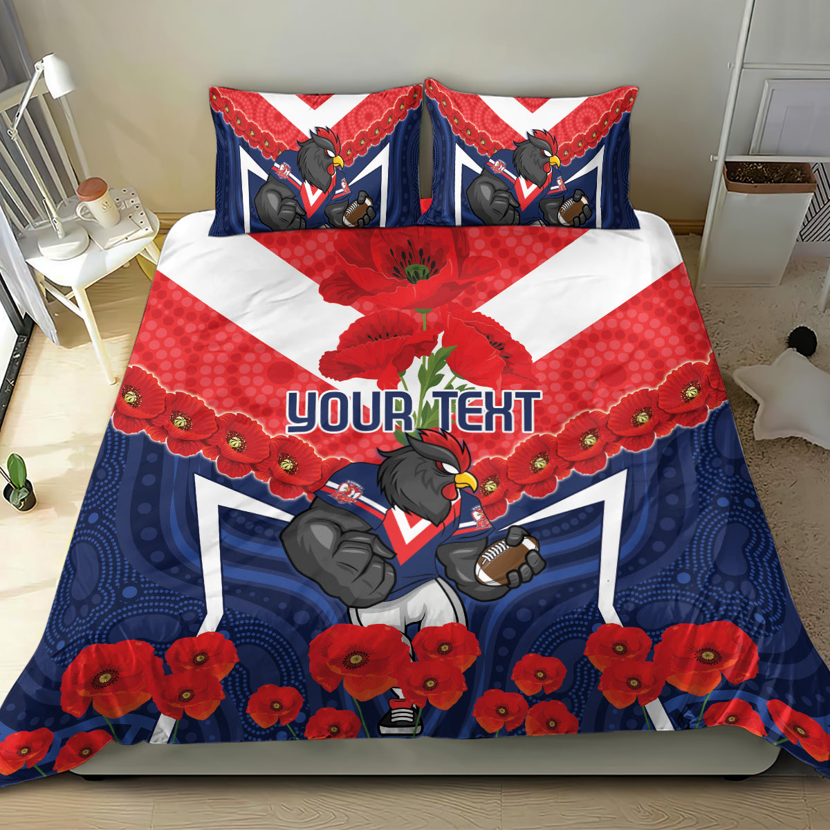 Custom Roosters Rugby ANZAC Bedding Set Sydney Gallipoli Soldier With Aboriginal Art - Vibe Hoodie Shop