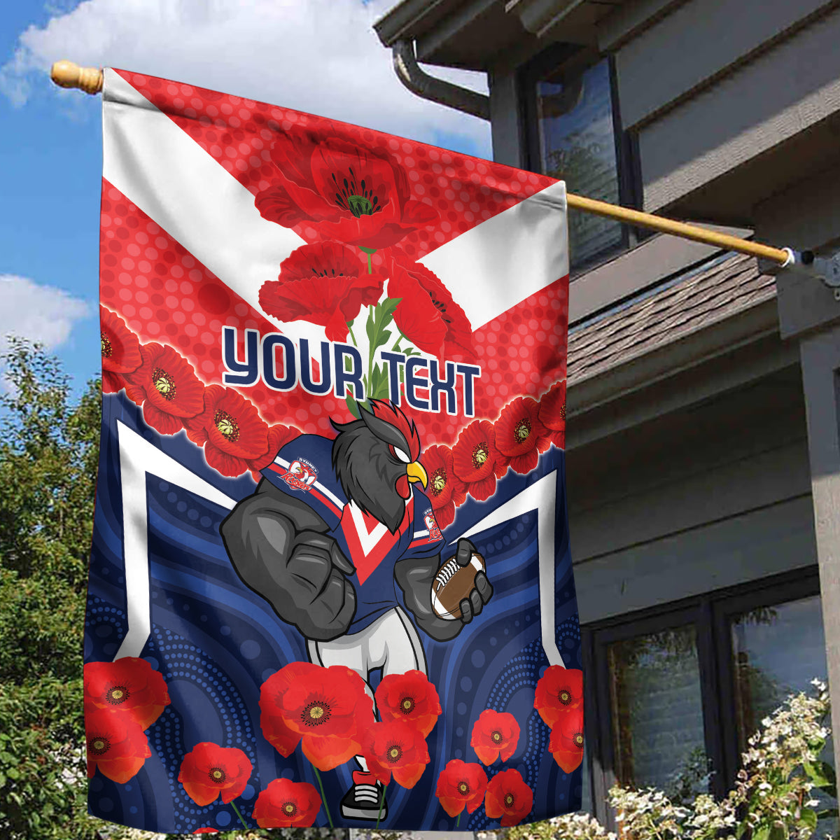 Custom Roosters Rugby ANZAC Garden Flag Sydney Gallipoli Soldier With Aboriginal Art - Vibe Hoodie Shop